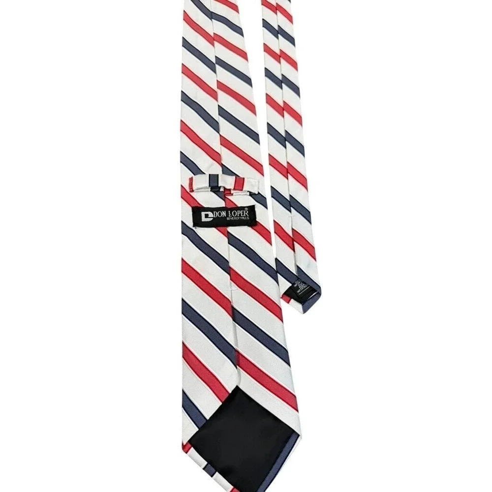 Don Loper Beverly Hills Mens Red White Navy Blue Striped 100%‎ Silk Necktie USA!